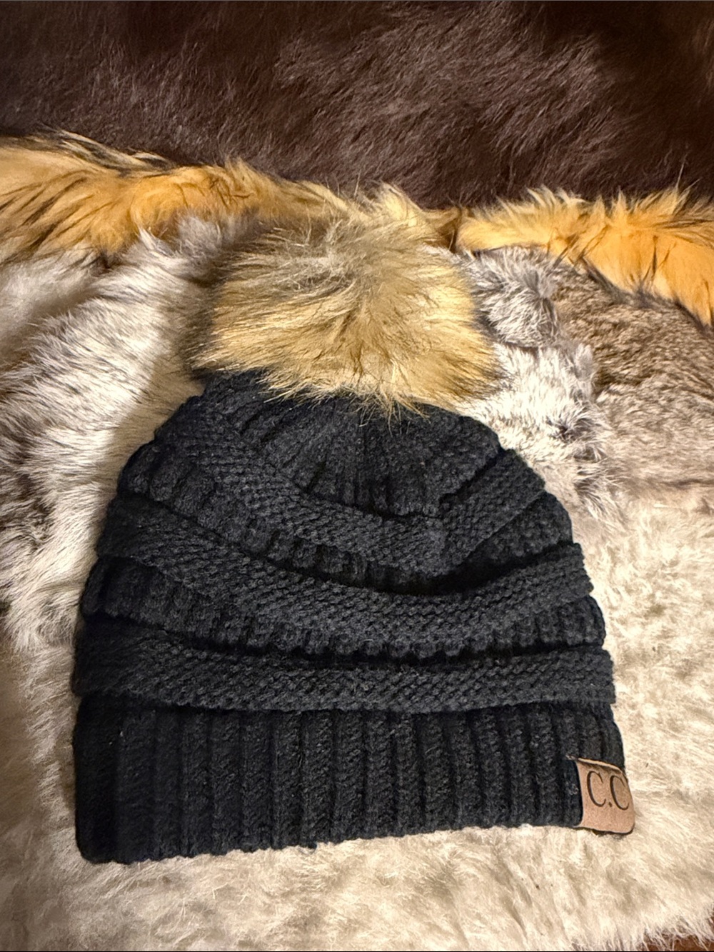 C.C Black Ribbed Knit Beanie with Tan Faux Fur Pom OS (6003)